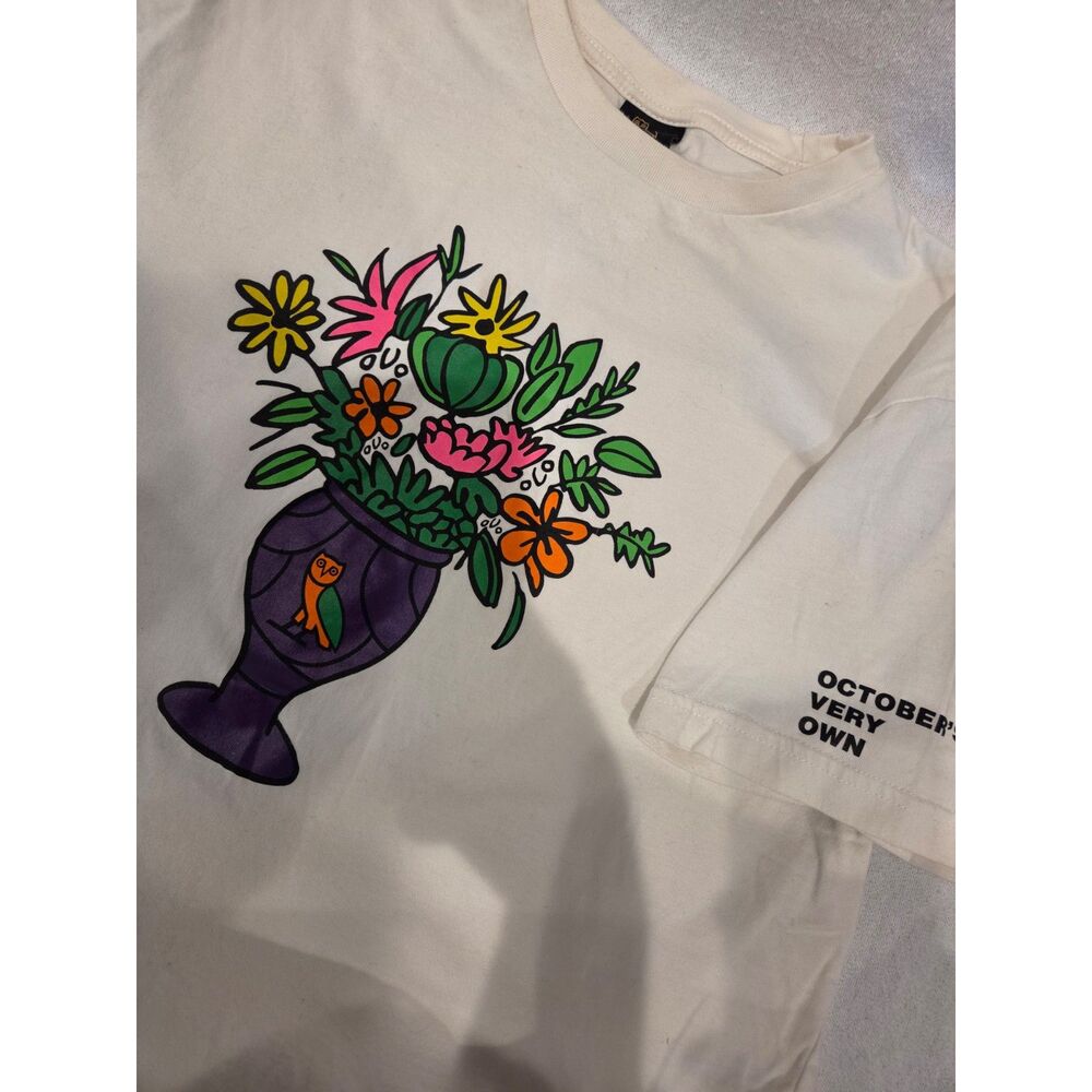 OVO October's Very Own White Floral Vase Graphic T Shirt Owl Logo FW21 Men's L